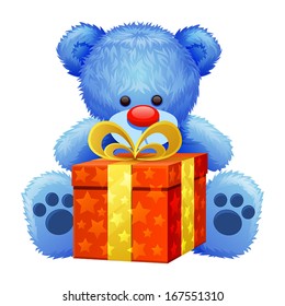 blue teddy bear with a big present in his paws