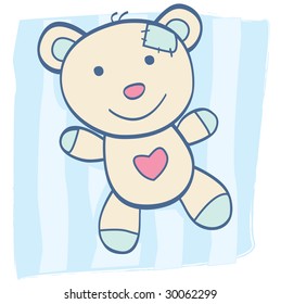 Blue Teddy bear. Children's Toy. Bear with heart, can be symbol of Love. Art Vector Illustration.