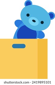 Oso de peluche azul mirando desde una caja amarilla, lindo animal relleno, sorpresa de juguete infantil. Diversión en la sala de juegos, niños favoritos de la ilustración vectorial de peluche juguetón.