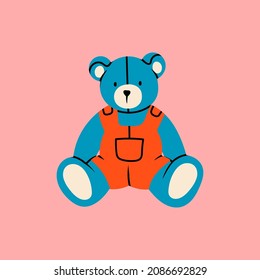 Blue teddy Bear. Soft Toy for kids. Childhood, children games, preschool activities concept. Baby shower design element. Hand drawn Vector illustration. Isolated on pink. Logo, icon, print template