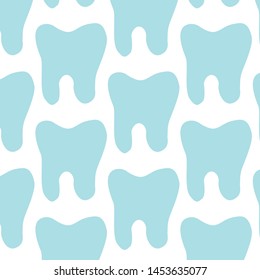 Blue teeth pattern. Dental illustration. Dentist Day greeting card template. Funny hand drawn poster  tooth icon. Print for medical cabinet. Simple flat design. Vector Eps.8