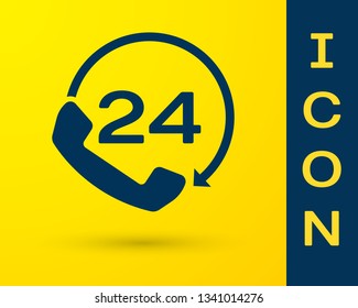 Blue Telephone 24 hours support icon isolated on yellow background. All-day customer support call-center. Full time call services. Vector Illustration