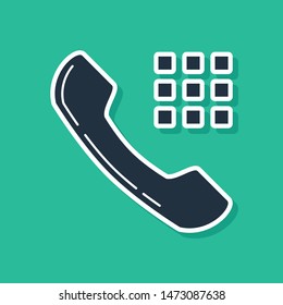 Blue Telephone handset icon isolated on green background. Phone sign.  Vector Illustration