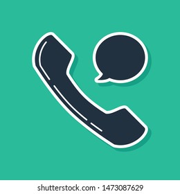 Blue Telephone handset and speech bubble chat icon isolated on green background. Phone sign.  Vector Illustration