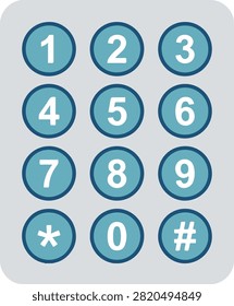 Blue telephone keypad icon set with numeric buttons, star and hash symbols in a clean flat vector style isolated on a light background.