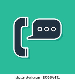 Blue Telephone with speech bubble chat icon isolated on green background. Support customer service, hotline, call center, faq, maintenance.  Vector Illustration