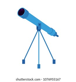 Blue telescope on tripod icon. Astronomy space discovery optical tool with magnification glass lens. Cosmos objects -planet, stars galaxy observation and search instrument. Vector flat illustration