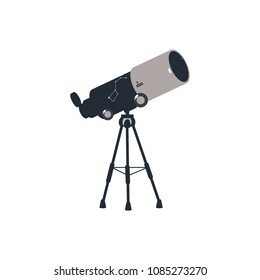 Blue telescope on tripod icon. Astronomy space discovery optical tool with magnification glass lens. Cosmos objects -planet, stars galaxy observation and search instrument. Vector flat illustration