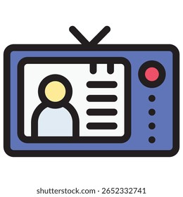 Ícone azul da televisão com antena, botão vermelho e pessoa na tela