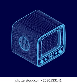 Blue television wireframe. The television is turned off. Isometric view