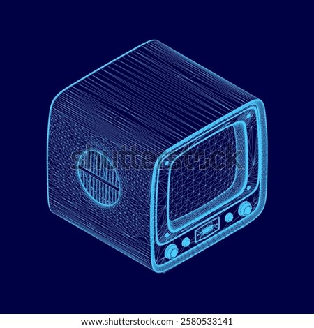 Blue television wireframe. The television is turned off. Isometric view