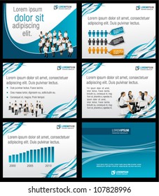 Blue template for advertising brochure with business people