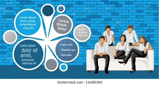 Blue template for advertising brochure with business people in front of blue brick wall