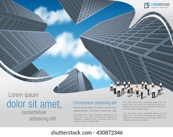 Blue template for advertising brochure with business people in the city