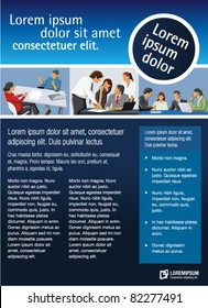 Blue template for advertising brochure with business people