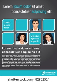 Blue template for advertising brochure with business people