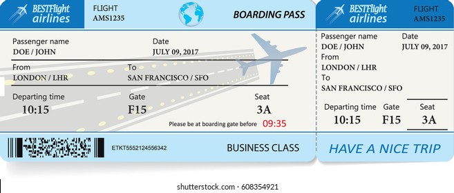 Blue template of boarding pass tickets. Concept of trip or travel. Vector illustration