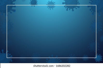Plantilla azul con moléculas de coronavirus y borde blanco. Concepto de Covid-19. Coronavirus nCoV chino peligroso. Ilustración vectorial para posts de blogs, noticias, artículos.