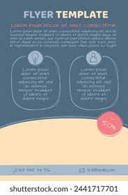 Blue template for flyer, banner, leaflet, post with place for photo and blocks for text. Vector hand drawn design