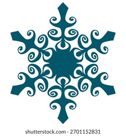 Blue template snowflake. Isolated snowflakes icon, round mandala. Winter Holiday cartoon flat illustration. Merry Christmas and New year Vector. Hand draw style.