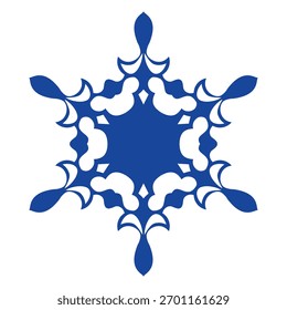 Floco de neve de modelo azul. Ícone isolado de flocos de neve, mandala redonda. Ilustração plana do desenho animado Winter Holiday. Feliz Natal e Ano Novo Vetor. Estilo de desenho da mão.