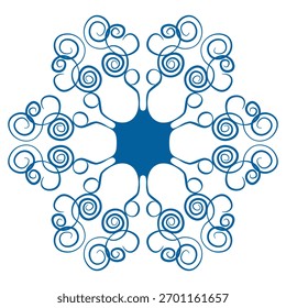 Floco de neve de modelo azul. Ícone isolado de flocos de neve, mandala redonda. Ilustração plana do desenho animado Winter Holiday. Feliz Natal e Ano Novo Vetor. Estilo de desenho da mão.