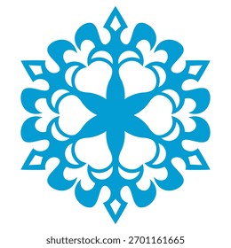 Blue template snowflake. Isolated snowflakes icon, round mandala. Winter Holiday cartoon flat illustration. Merry Christmas and New year Vector. Hand draw style.