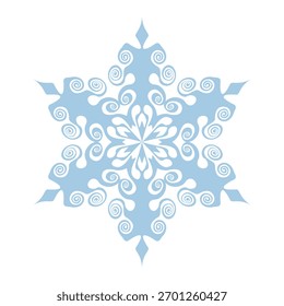 Copo de nieve de Plantilla azul. Icono aislado de copos de nieve, mandala redondo. Ilustración plana de dibujos animados de Festiva de invierno. Feliz Navidad y Vector de Nuevo año. Estilo de dibujo a mano.