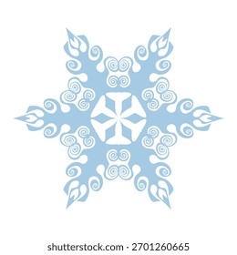 Blue template snowflake. Isolated snowflakes icon, round mandala. Winter Holiday cartoon flat illustration. Merry Christmas and New year Vector. Hand draw style.