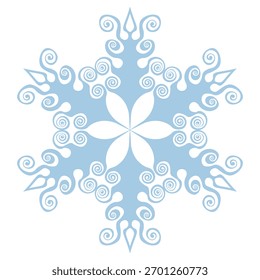 Blaue Schneeflocke. Isolierte Schneeflocken-Ikone, rundes Mandala. Winter Holiday Cartoon, flache Illustration. Frohe Weihnachten und Neujahr Vektor. Handzeichnungsstil.