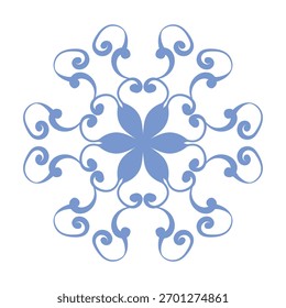 Floco de neve de modelo azul. Ícone isolado de flocos de neve, mandala redonda. Ilustração plana do desenho animado Winter Holiday. Feliz Natal e Ano Novo Vetor. Estilo de desenho da mão.