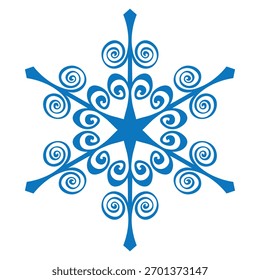 Blue template snowflake. Isolated snowflakes icon, round mandala. Winter Holiday cartoon flat illustration. Merry Christmas and New year Vector. Hand draw style.