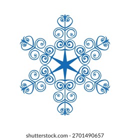 Copo de nieve de Plantilla azul. Icono aislado de copos de nieve, mandala redondo. Ilustración plana de dibujos animados de Festiva de invierno. Feliz Navidad y Vector de Nuevo año. Estilo de dibujo a mano.