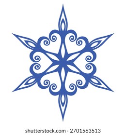 Copo de nieve de Plantilla azul. Icono aislado de copos de nieve, mandala redondo. Ilustración plana de dibujos animados de Festiva de invierno. Feliz Navidad y Vector de Nuevo año. Estilo de dibujo a mano.