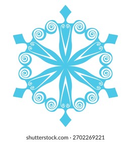 Copo de nieve de Plantilla azul. Icono aislado de copos de nieve, mandala redondo. Ilustración plana de dibujos animados de Festiva de invierno. Feliz Navidad y Vector de Nuevo año. Estilo de dibujo a mano.