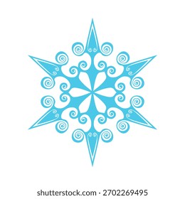 Blaue Schneeflocke. Isolierte Schneeflocken-Ikone, rundes Mandala. Winter Holiday Cartoon, flache Illustration. Frohe Weihnachten und Neujahr Vektor. Handzeichnungsstil.