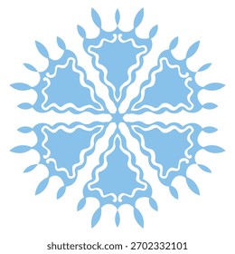 Floco de neve de modelo azul. Ícone isolado de flocos de neve, mandala redonda. Ilustração plana do desenho animado Winter Holiday. Feliz Natal e Ano Novo Vetor. Estilo de desenho da mão.