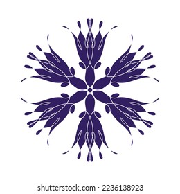 Blue template snowflake with shadow. Isolated snowflakes icon, round mandala. Winter Holiday cartoon flat illustration. Merry Christmas and New year Vector. Hand draw style.