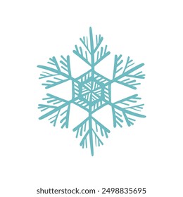 Copo de nieve de Plantilla azul con sombra. Icono aislado de copos de nieve, mandala redondo. Ilustración plana de dibujos animados de Festiva de invierno. Feliz Navidad y Vector de Nuevo año. Estilo de dibujo a mano.