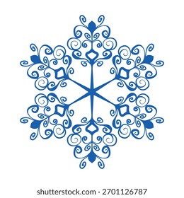 Copo de nieve de Plantilla azul con sombra. Icono aislado de copos de nieve, mandala redondo. Ilustración plana de dibujos animados de Festiva de invierno. Feliz Navidad y Vector de Nuevo año. Estilo de dibujo a mano.