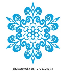 Copo de nieve de Plantilla azul con sombra. Icono aislado de copos de nieve, mandala redondo. Ilustración plana de dibujos animados de Festiva de invierno. Feliz Navidad y Vector de Nuevo año. Estilo de dibujo a mano.