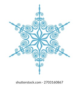 Copo de nieve de Plantilla azul con sombra. Icono aislado de copos de nieve, mandala redondo. Ilustración plana de dibujos animados de Festiva de invierno. Feliz Navidad y Vector de Nuevo año. Estilo de dibujo a mano.