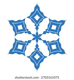 Blue template snowflake with shadow. Isolated snowflakes icon, round mandala. Winter Holiday cartoon flat illustration. Merry Christmas and New year Vector. Hand draw style.