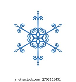 Copo de nieve de Plantilla azul con sombra. Icono aislado de copos de nieve, mandala redondo. Ilustración plana de dibujos animados de Festiva de invierno. Feliz Navidad y Vector de Nuevo año. Estilo de dibujo a mano.