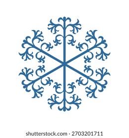 Copo de nieve de Plantilla azul con sombra. Icono aislado de copos de nieve, mandala redondo. Ilustración plana de dibujos animados de Festiva de invierno. Feliz Navidad y Vector de Nuevo año. Estilo de dibujo a mano.