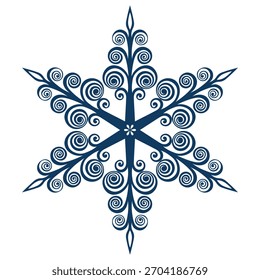 Copo de nieve de Plantilla azul con sombra. Icono aislado de copos de nieve, mandala redondo. Ilustración plana de dibujos animados de Festiva de invierno. Feliz Navidad y Vector de Nuevo año. Estilo de dibujo a mano.