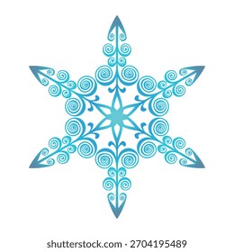 Floco de neve de modelo azul com sombra. Ícone isolado de flocos de neve, mandala redonda. Ilustração plana do desenho animado Winter Holiday. Feliz Natal e Ano Novo Vetor. Estilo de desenho da mão.