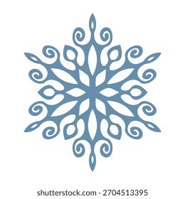 Blue template snowflake with shadow. Isolated snowflakes icon, round mandala. Winter Holiday cartoon flat illustration. Merry Christmas and New year Vector. Hand draw style.