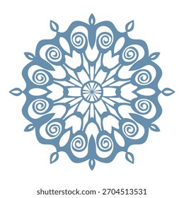 Blue template snowflake with shadow. Isolated snowflakes icon, round mandala. Winter Holiday cartoon flat illustration. Merry Christmas and New year Vector. Hand draw style.