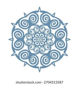 Copo de nieve de Plantilla azul con sombra. Icono aislado de copos de nieve, mandala redondo. Ilustración plana de dibujos animados de Festiva de invierno. Feliz Navidad y Vector de Nuevo año. Estilo de dibujo a mano.